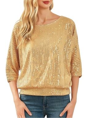 PrettyGuide Gold Sequin 3/4 Batwing Sleeve Loose Shimmer Top Size L